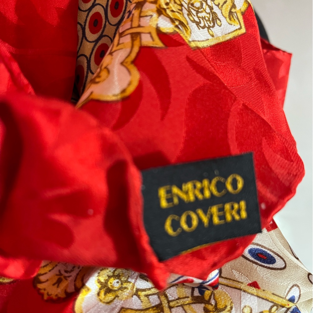 Enrico Coveri Large Red Square Patterned Silk Scarf - Italy - Picture 11 of 11